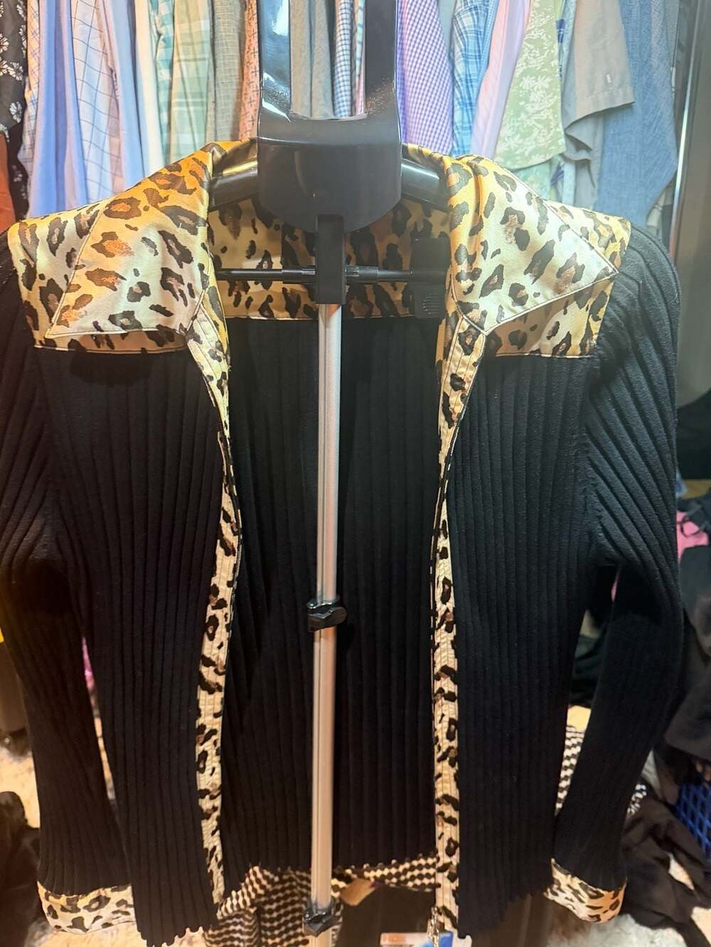 Belldini Zip Cardigan Black Leopard Trim Size L